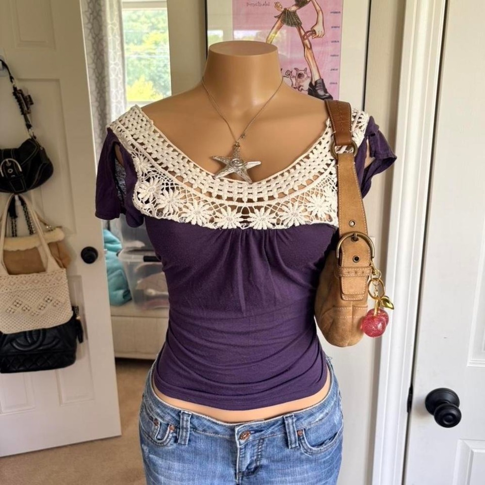 y2k 2000s american eagle outfitters fairy purple crochet lace trim top boho tee